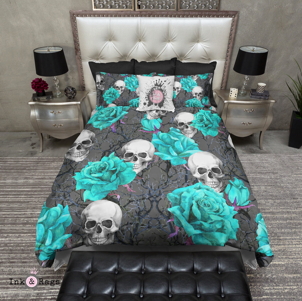 Turquoise Rose and Purple Thorns Skull Bedding Collection
