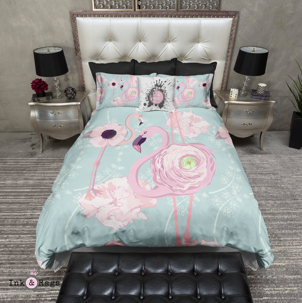 Pink Flower Flamingos on Blue Bedding Collection