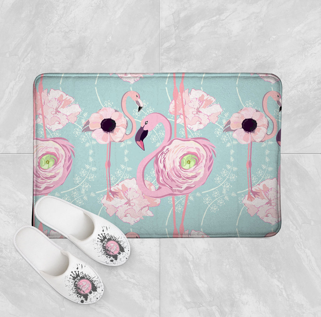 Pink Flower Flamingos on Blue Shower Curtains and Optional Bath Mats