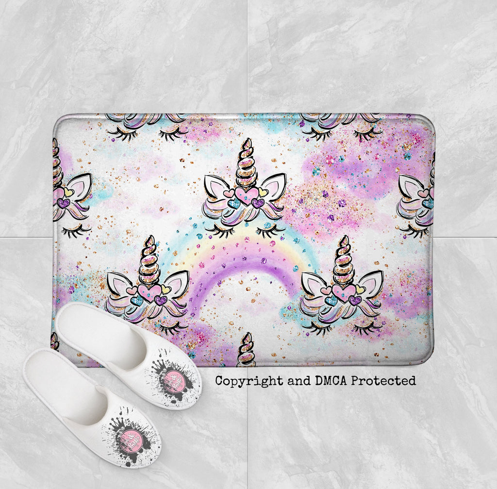 Unicorn Faces and Rainbows Shower Curtains and Optional Bath Mats