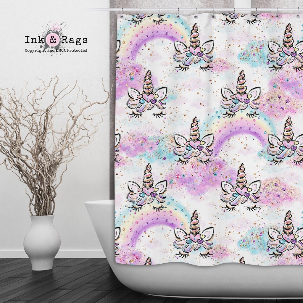 Unicorn Faces and Rainbows Shower Curtains and Optional Bath Mats
