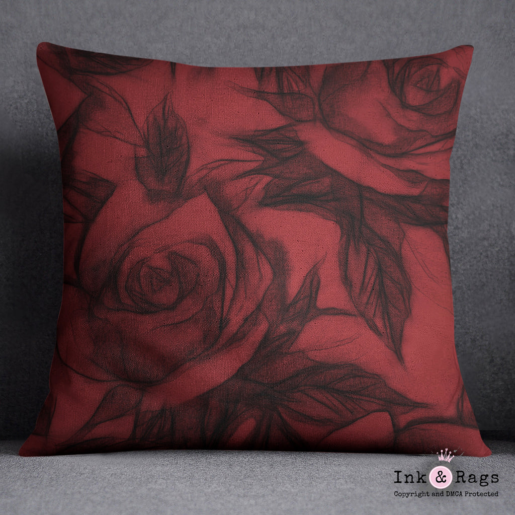 Red and Black Pencil Sketch Rose Throw Pillow