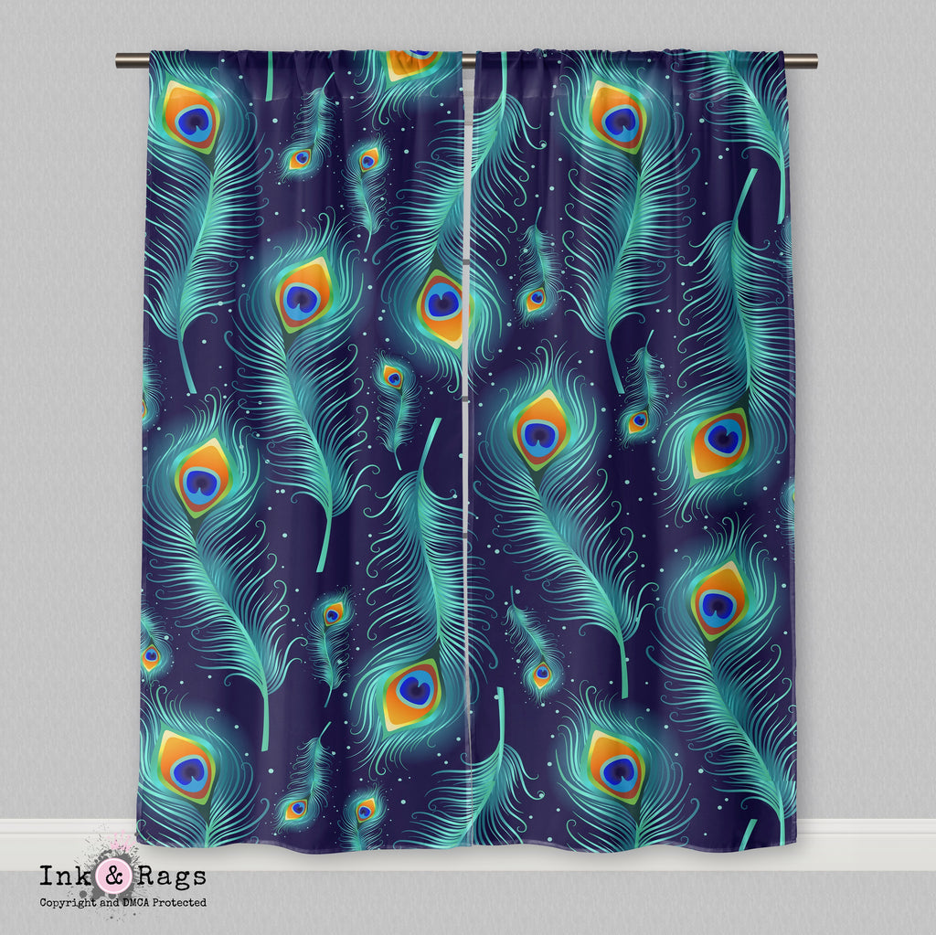 Blue and Teal Peacock Feather Curtains