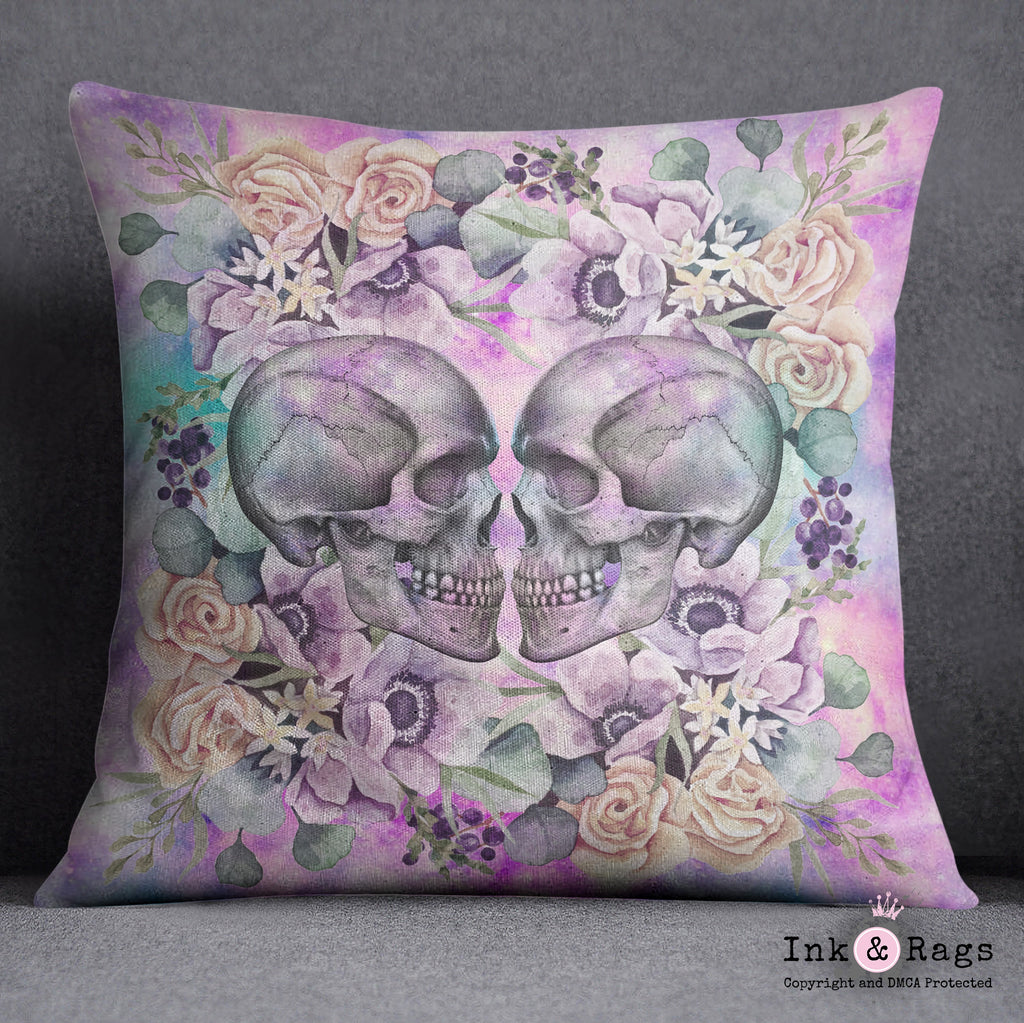 Galaxy Kissing Skulls and Flowers Throw Pillow