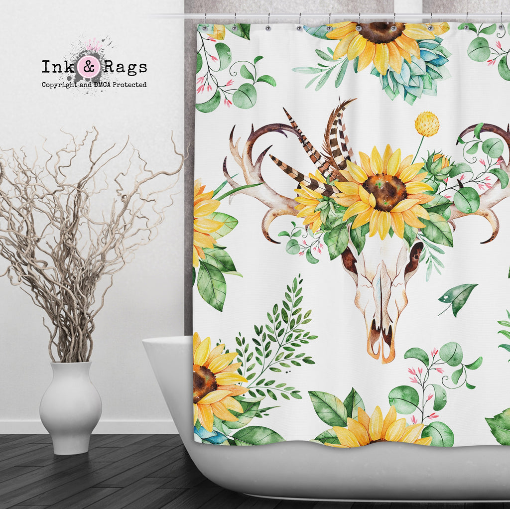 Sunflower and Deer Skull on White Shower Curtains and Optional Bath Mats