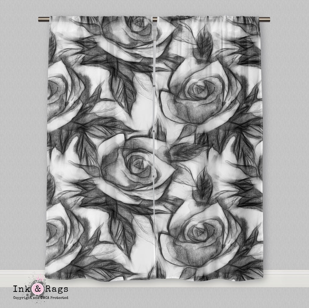 Black and White Pencil Sketch Rose Curtains
