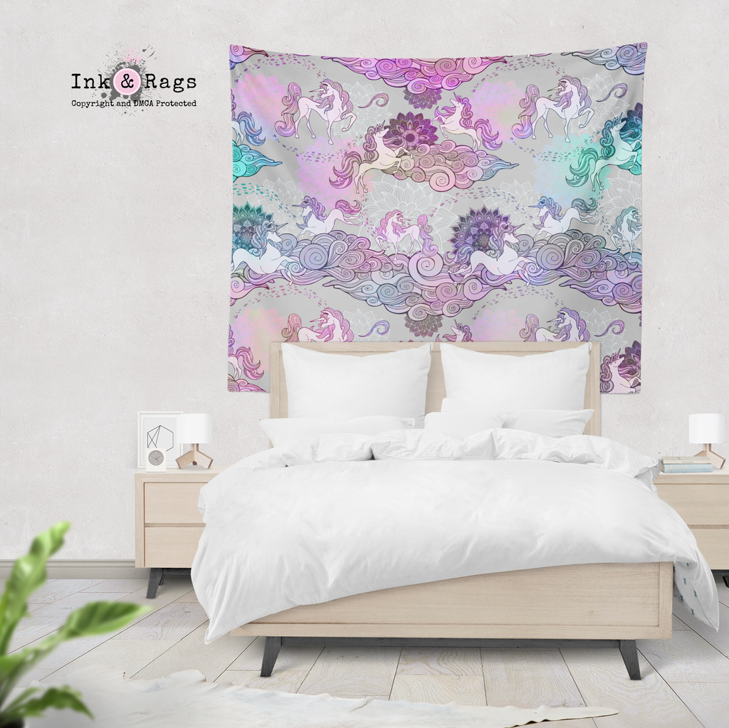 Bohemian Unicorn Dreams Mandala and Flower Wall Tapestry