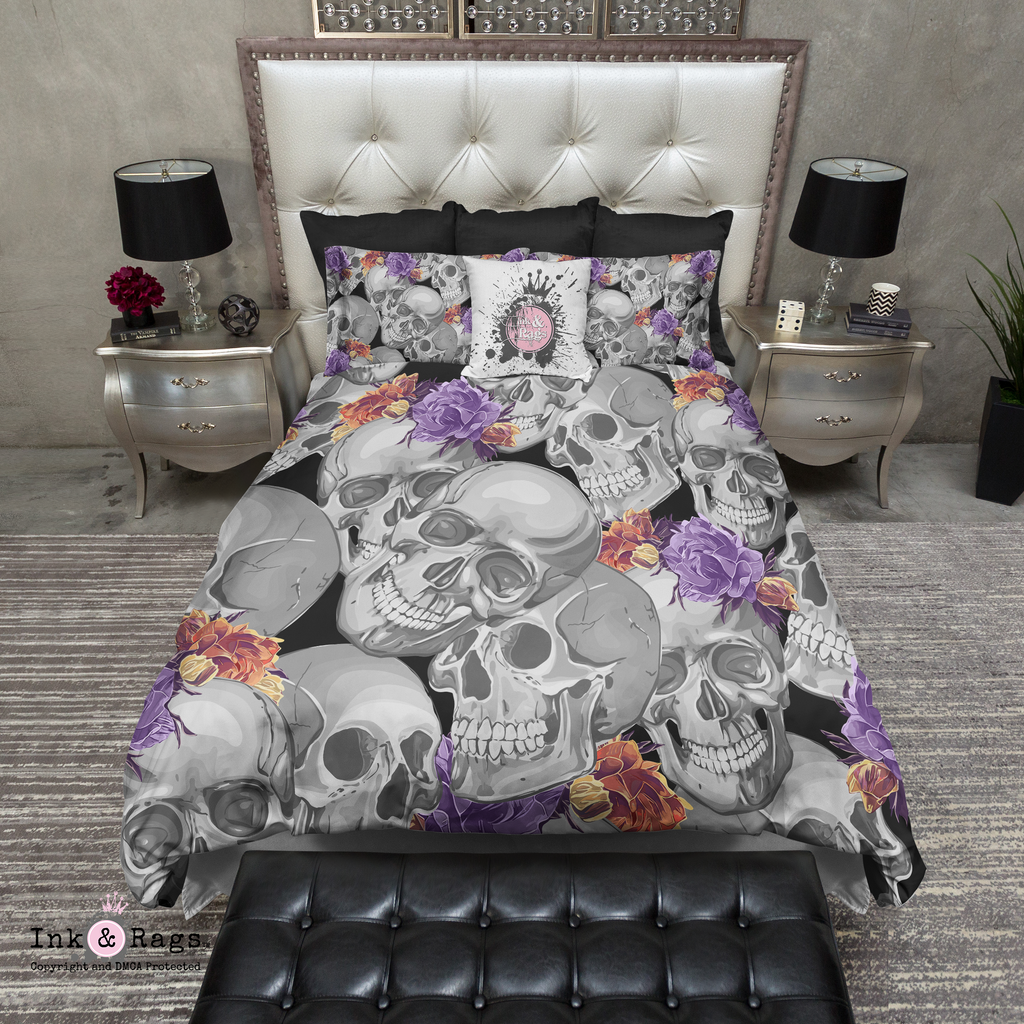 Grey Skull with Orange and Purple Flowers Bedding Collection