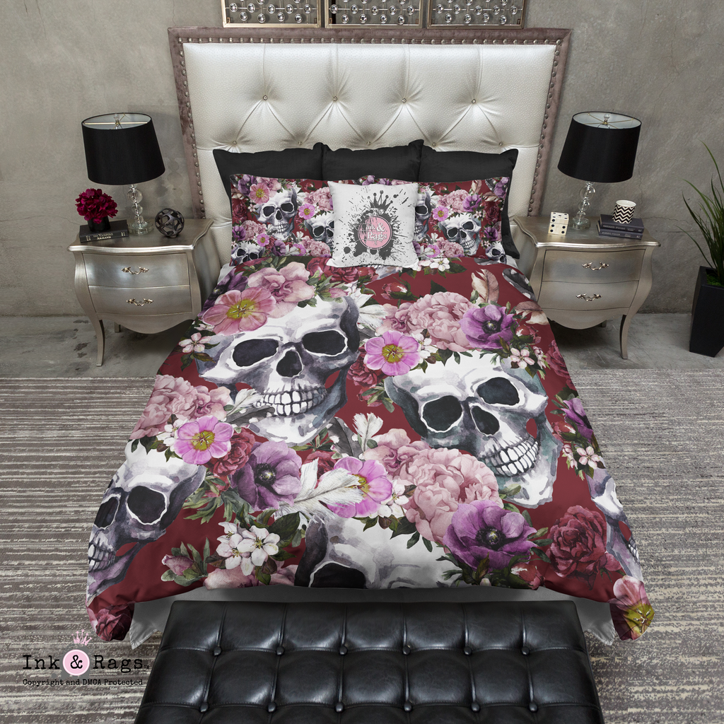 Deep Red Watercolor Flower and Skull Bedding Collection