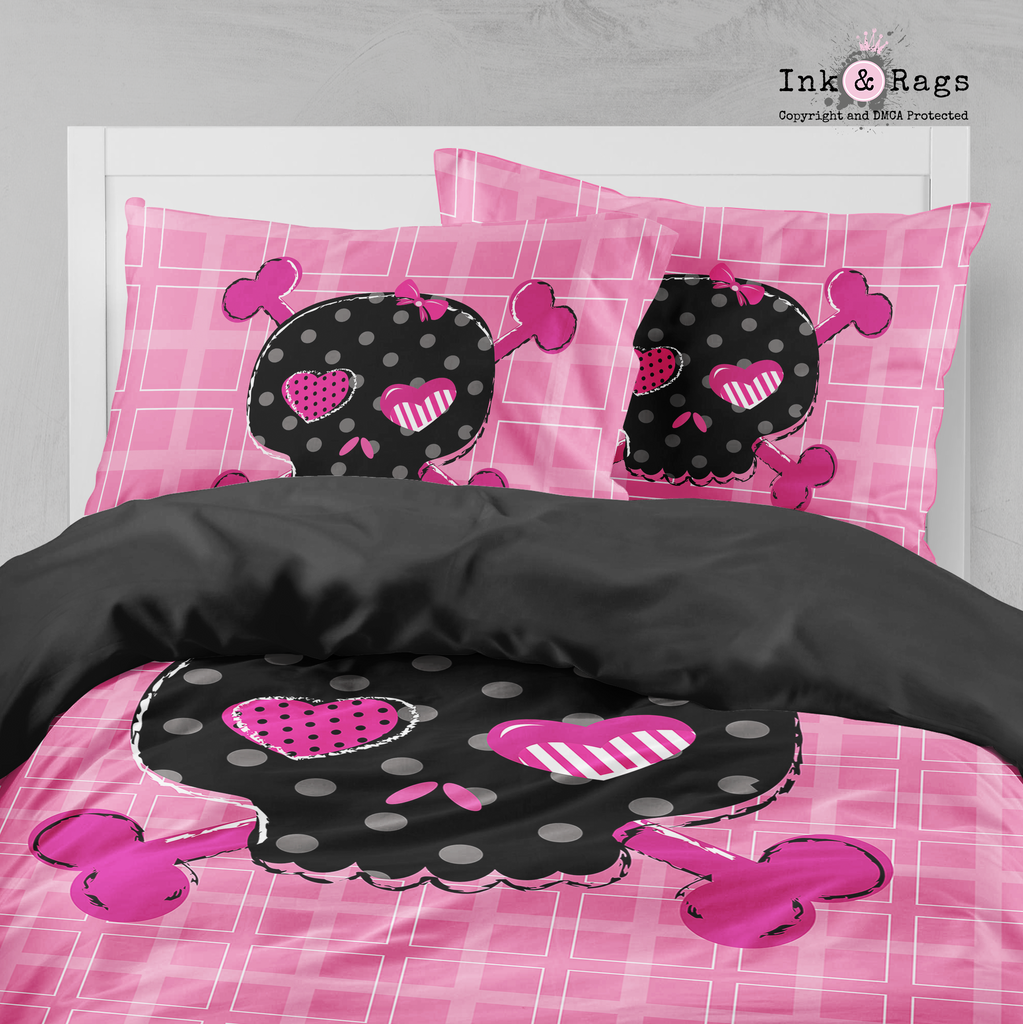 Hot Pink Plaid and Polka Dot Candy Skull Bedding
