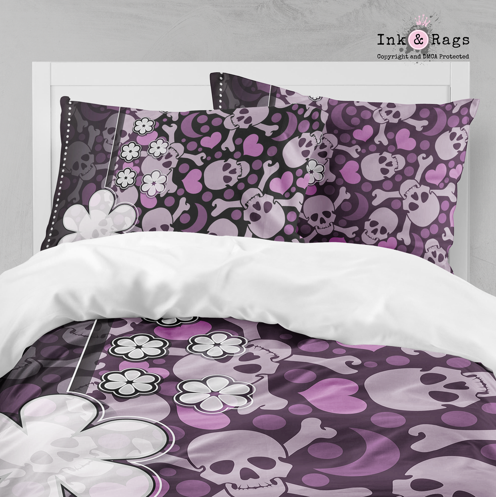 Purple Skull with Flowers and Hearts Bedding Collection