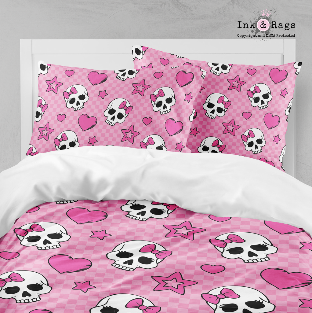 Pink Checker Board Candy Skulls Bedding Collection