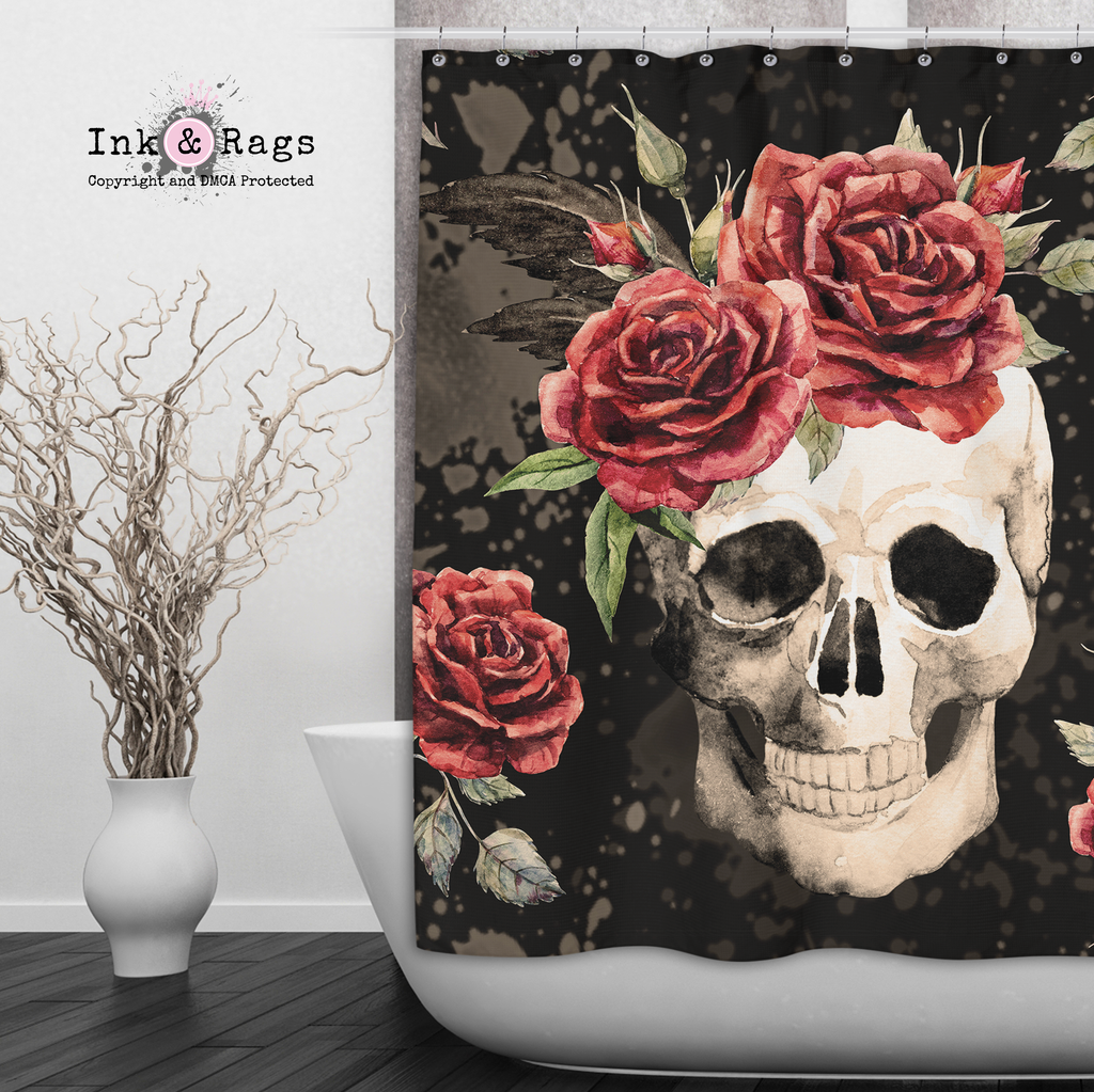 Antiqued Red Rose Skull Shower Curtains and Optional Bath Mats