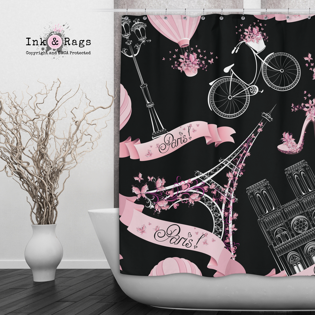 Black and Pink Whimsy in Paris Eiffel Tower Shower Curtains and Optional Bath Mats