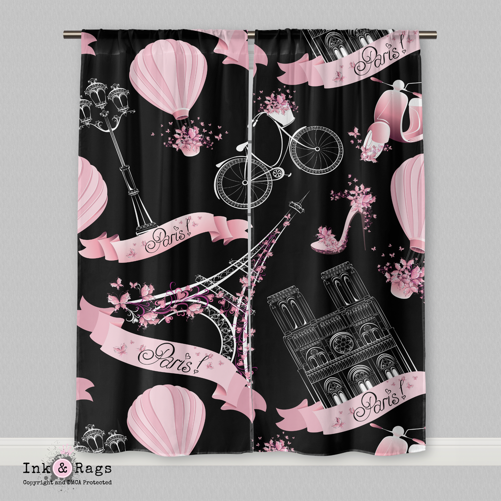 Black and Pink Whimsy in Paris Eiffel Tower Curtains