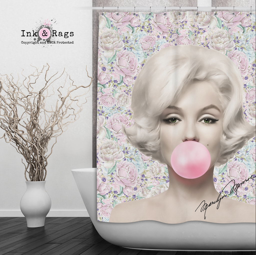 Pastel Rose Marilyn Monroe Bubble Gum Shower Curtains and Optional Bath Mats