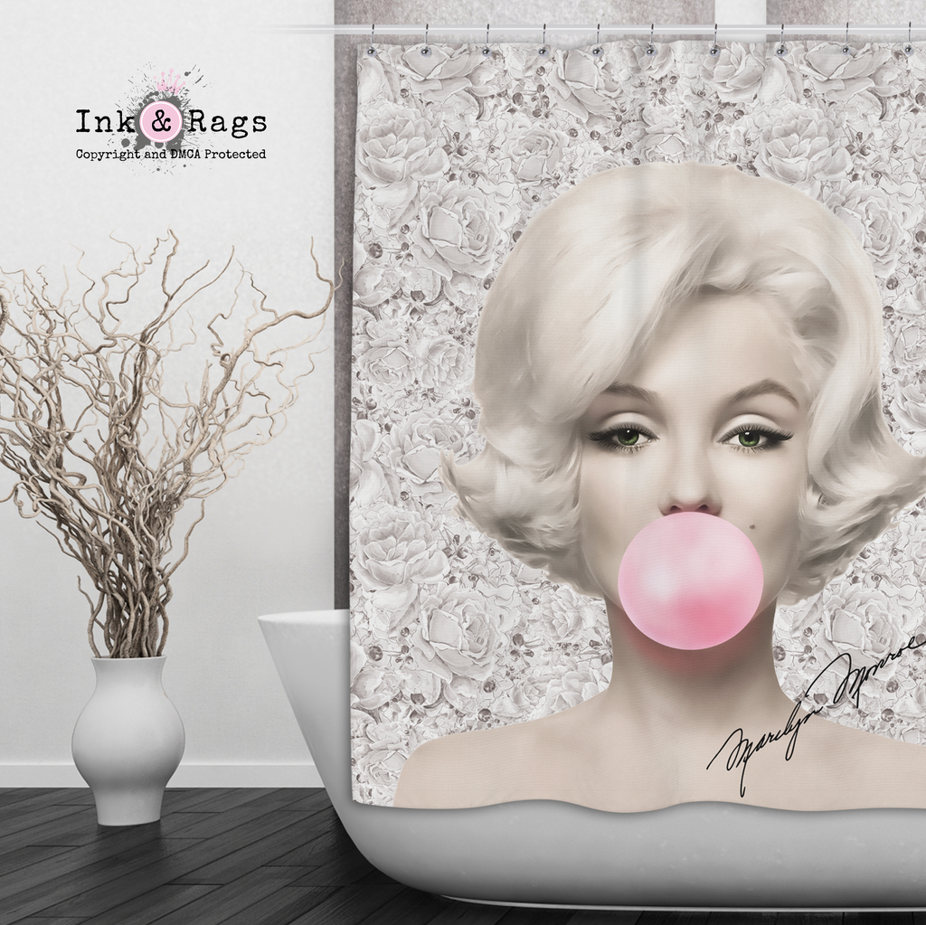 Beige Rose Marilyn Monroe Bubble Gum Shower Curtains and Optional Bath Mats