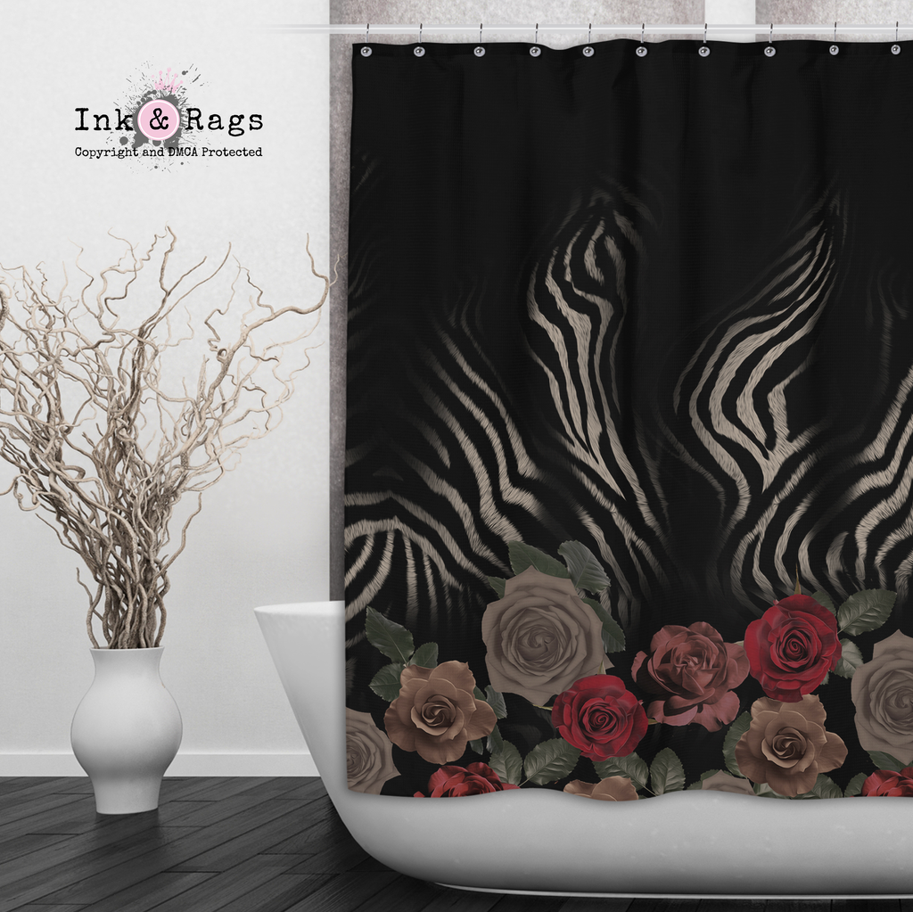 Zebra Rose Animal Print Shower Curtains and Optional Bath Mats