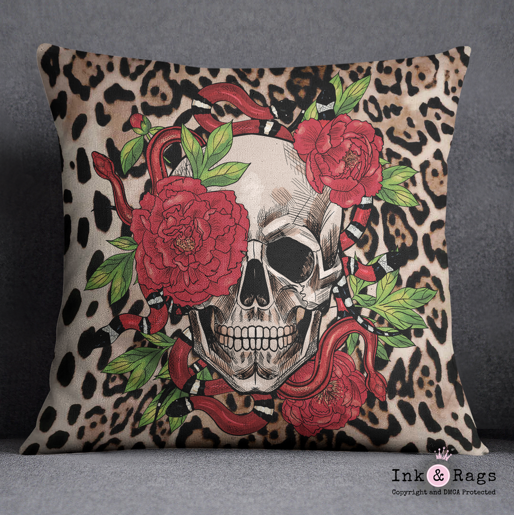 Leopard Snake Peony and Skull Throw Pillow