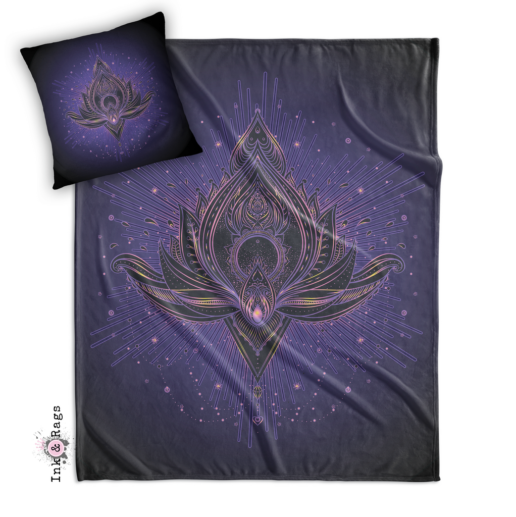 Purple Blue Tattoo Style Lotus Decorative Throw and Pillow Cover Set