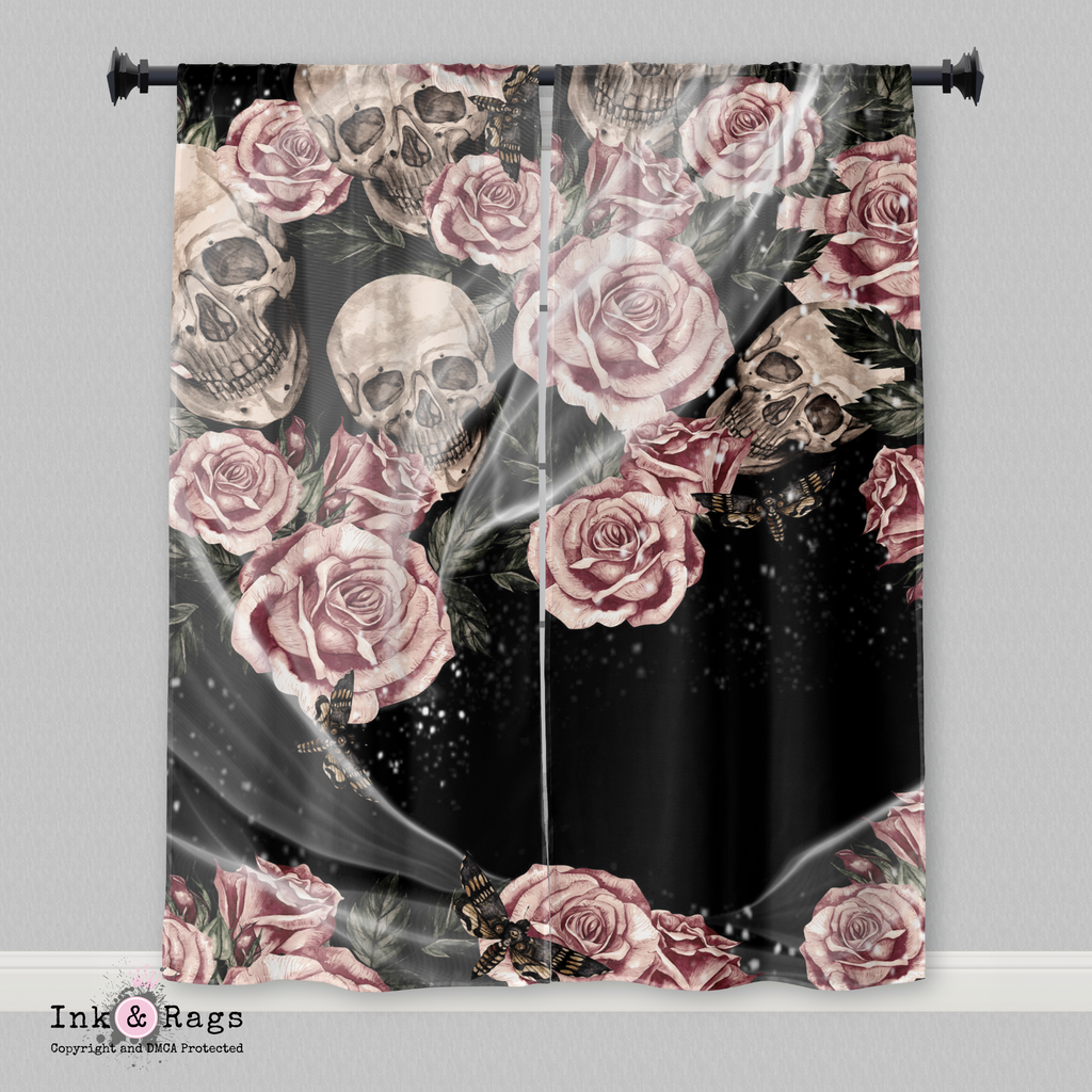Pink Rose Death Moth and Skull Curtains