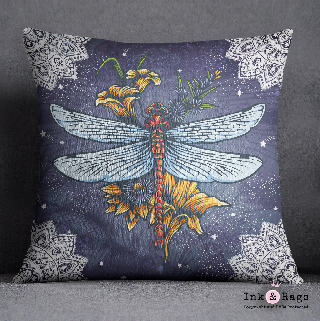 Dragonfly Mandala Bloom Throw Pillow