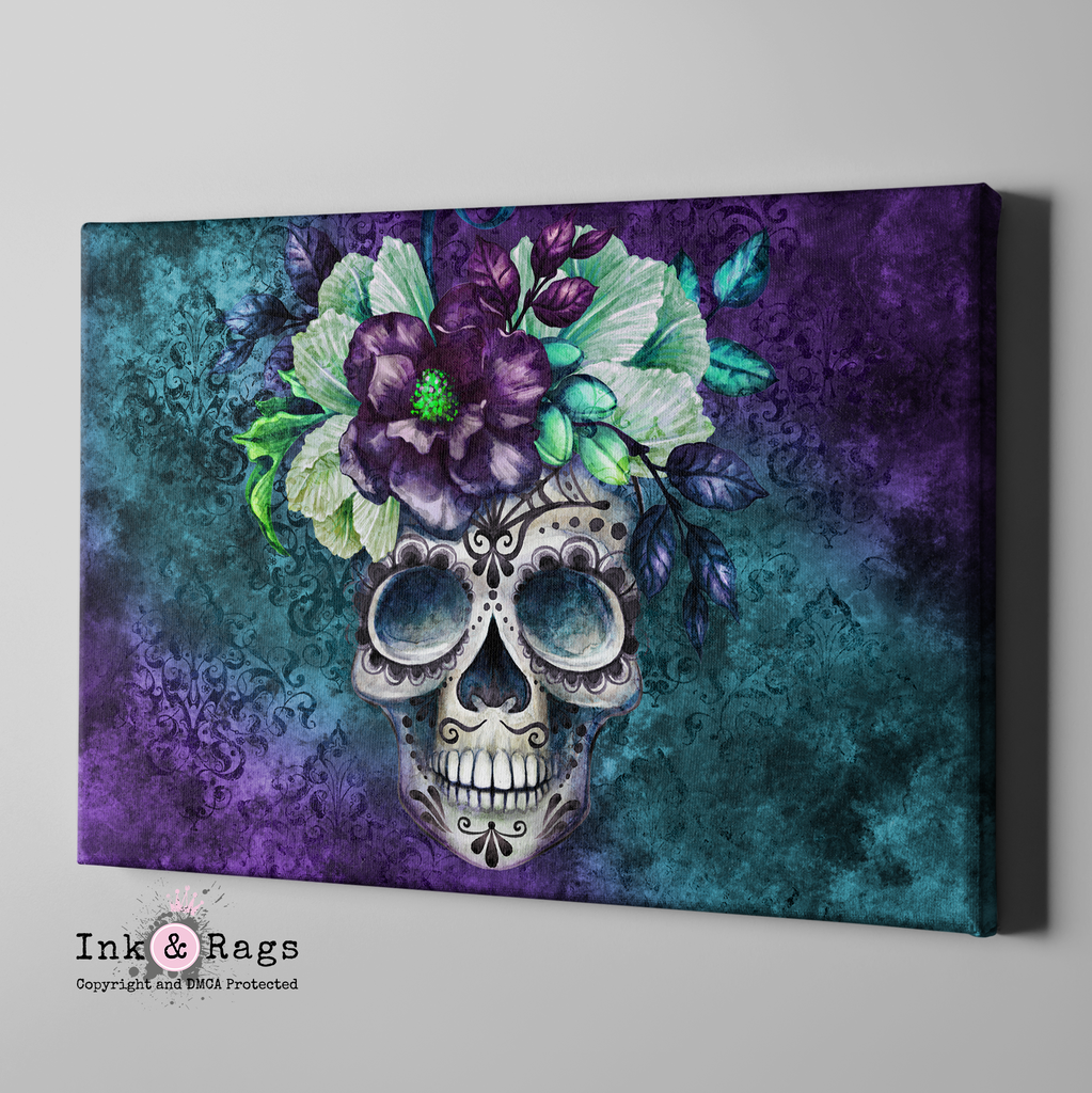 Purple and Teal Webbed Sugar Skull and Flower Gallery Wrapped Canvas