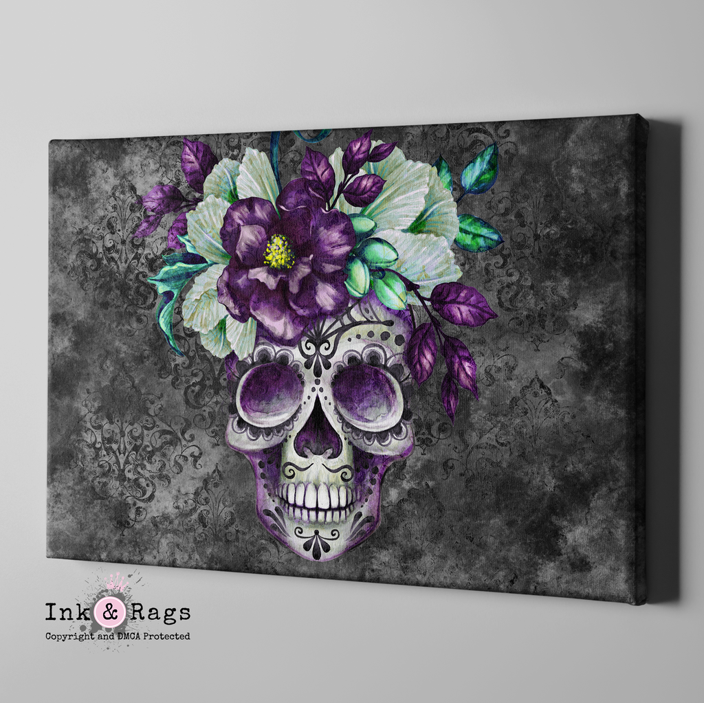 Slate Webbed Sugar Skull and Flower Gallery Wrapped Canvas