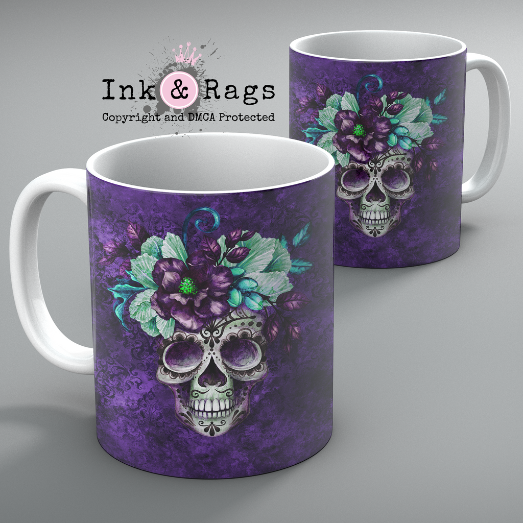 Purple Webbed Sugar Skull and Flower Mug Set of 2