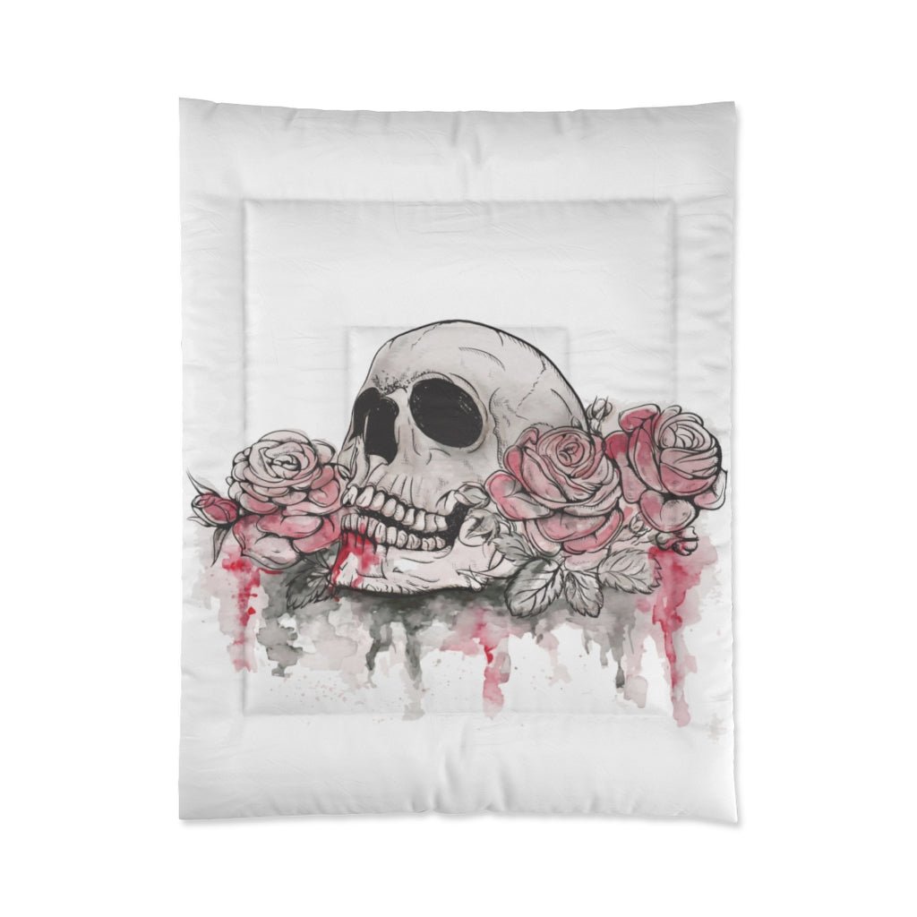 IN STOCK SAMPLE Bleeding Roses Watercolor Skull - Twin Comforter