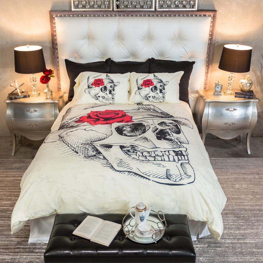 Fedora with Red Rose Skull CREAM Bedding Collection