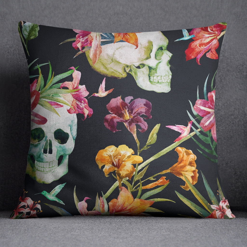 Watercolor Tropical Skull Floral Throw Pillow