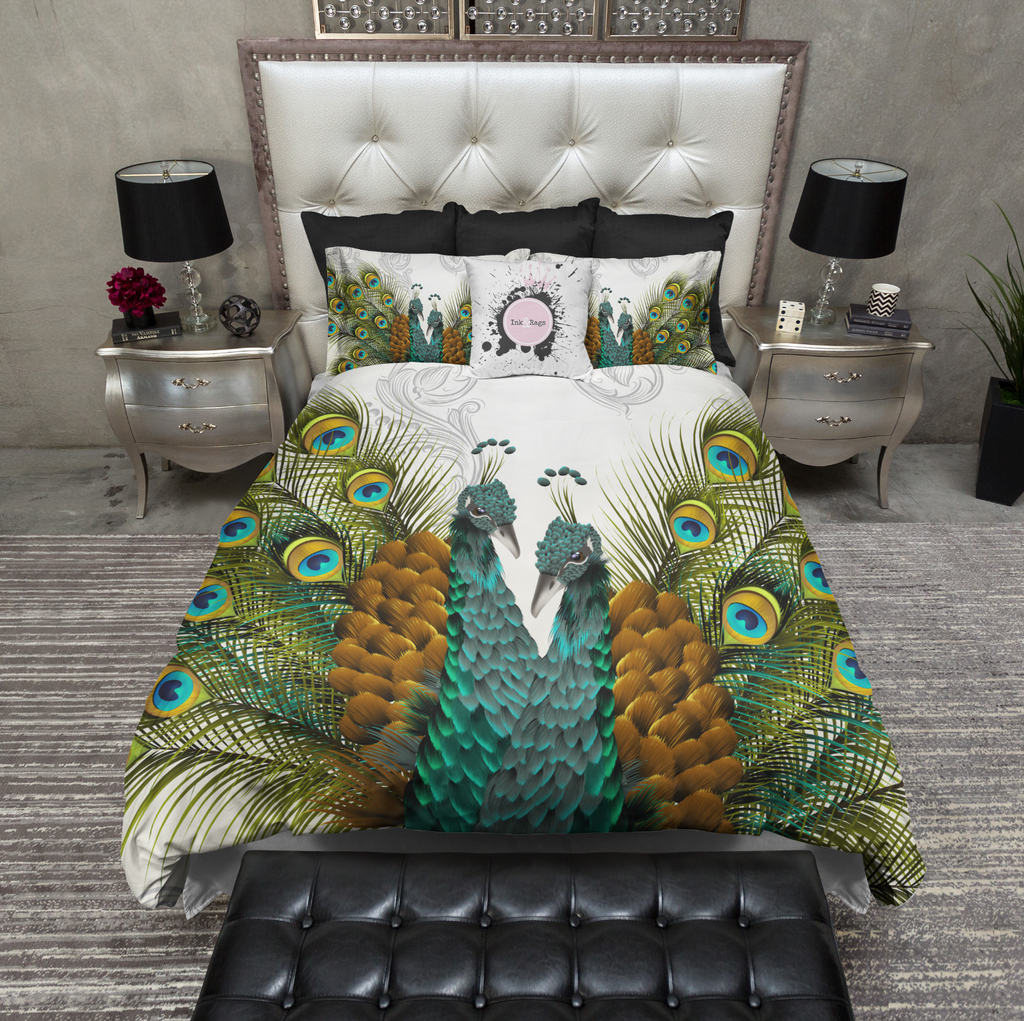Twin Peacocks Off White Bedding Collection