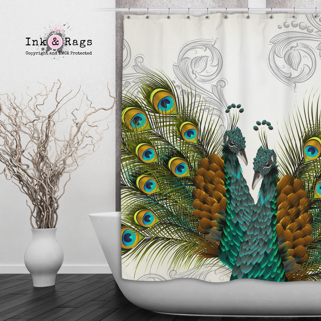 Twin Peacocks Off White Shower Curtains and Optional Bath Mats