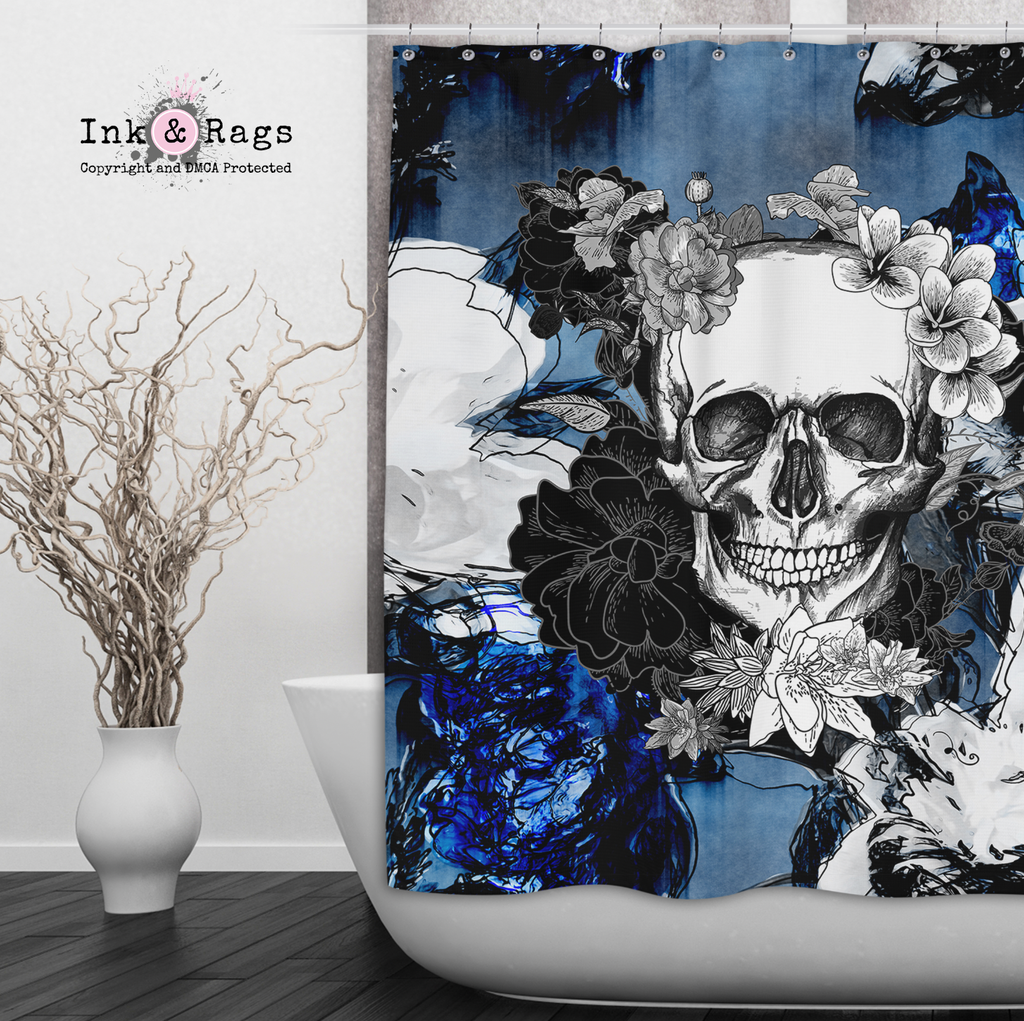 Abstract Blue Flower Skull Shower Curtains and Optional Bath Mats