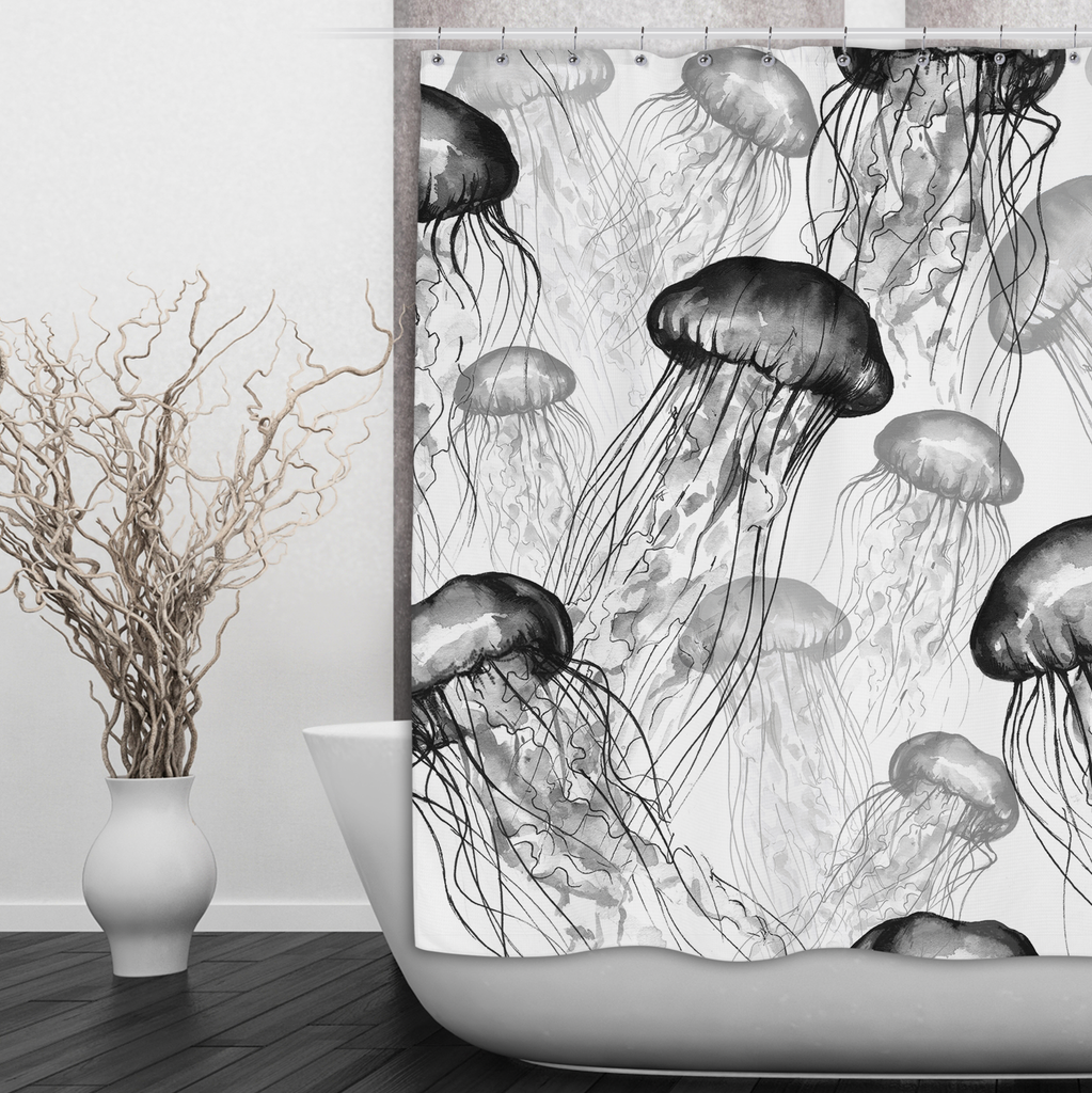 White and Black Jellyfish Shower Curtains and Optional Bath Mats