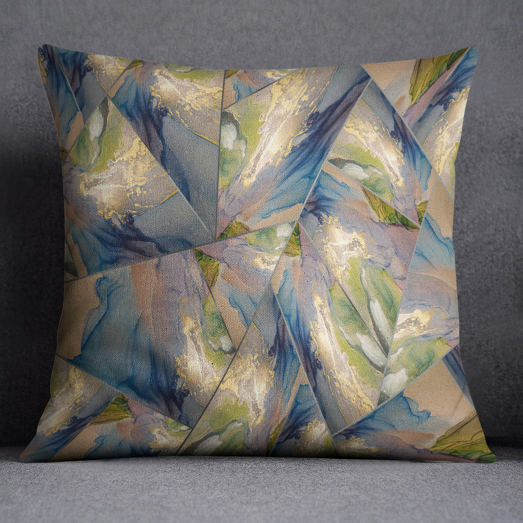 Blue Green Gold Geometric Stained Glass Throw Pillow
