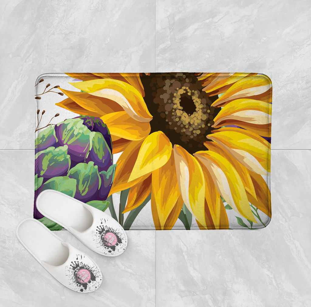 Sunflower and Artichoke on White Shower Curtains and Optional Bath Mats