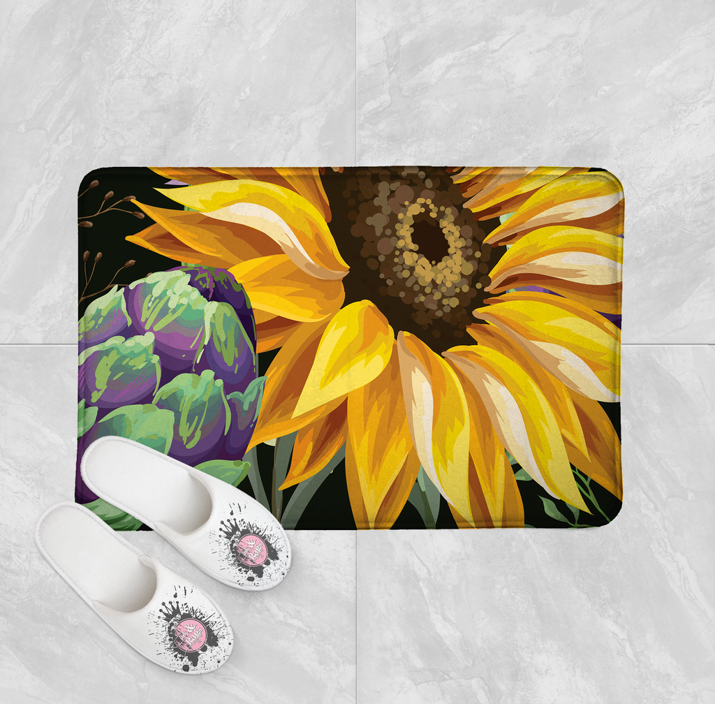 Sunflower and Artichoke on Black Shower Curtains and Optional Bath Mats