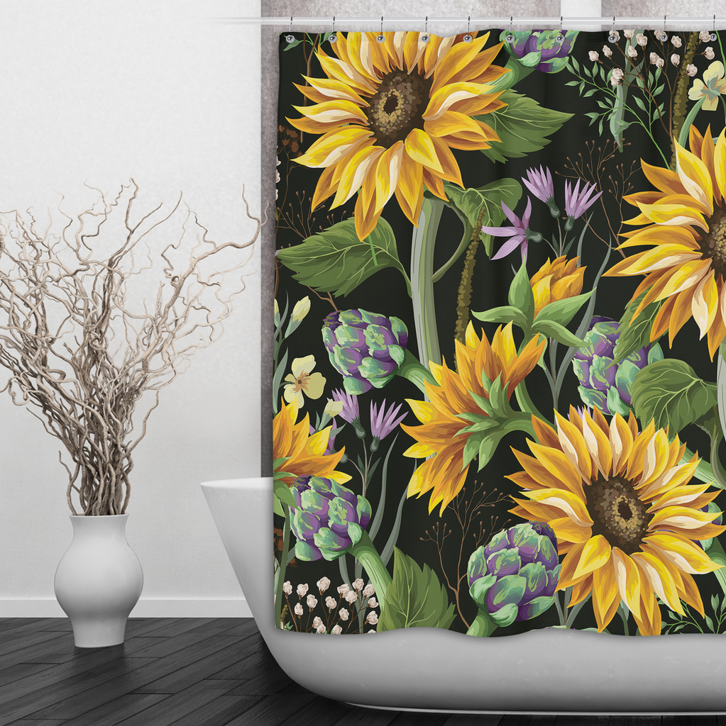 Sunflower and Artichoke on Black Shower Curtains and Optional Bath Mats