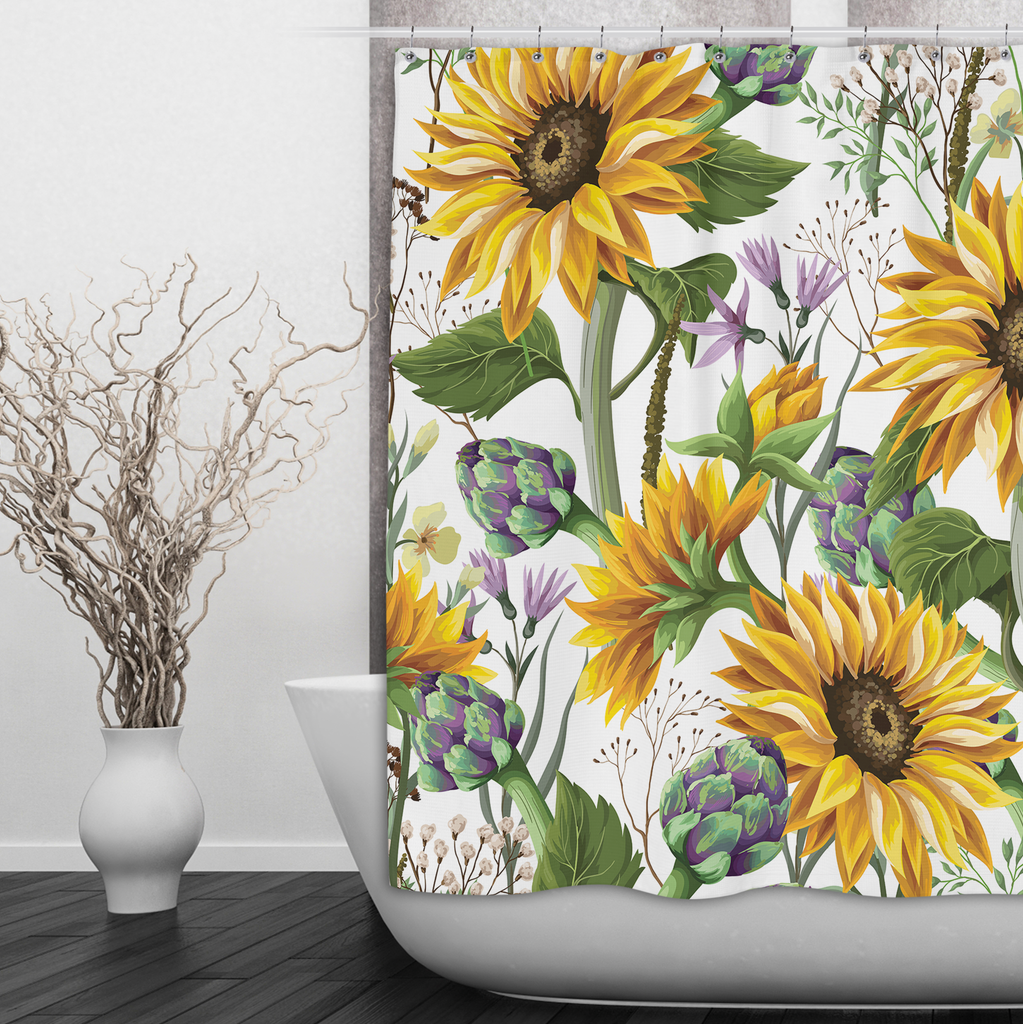 Sunflower and Artichoke on White Shower Curtains and Optional Bath Mats