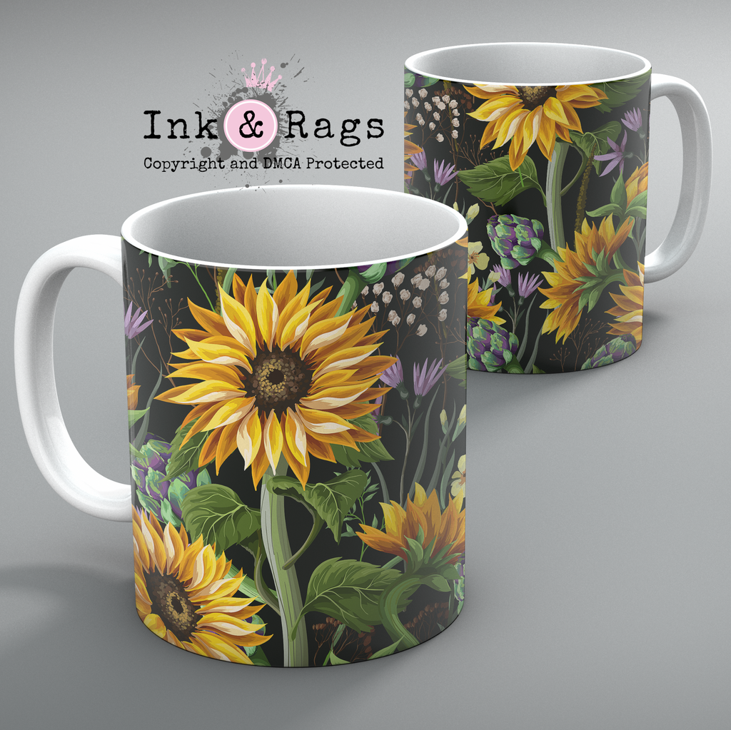 Sunflower and Artichoke on Black Mug Set of 2