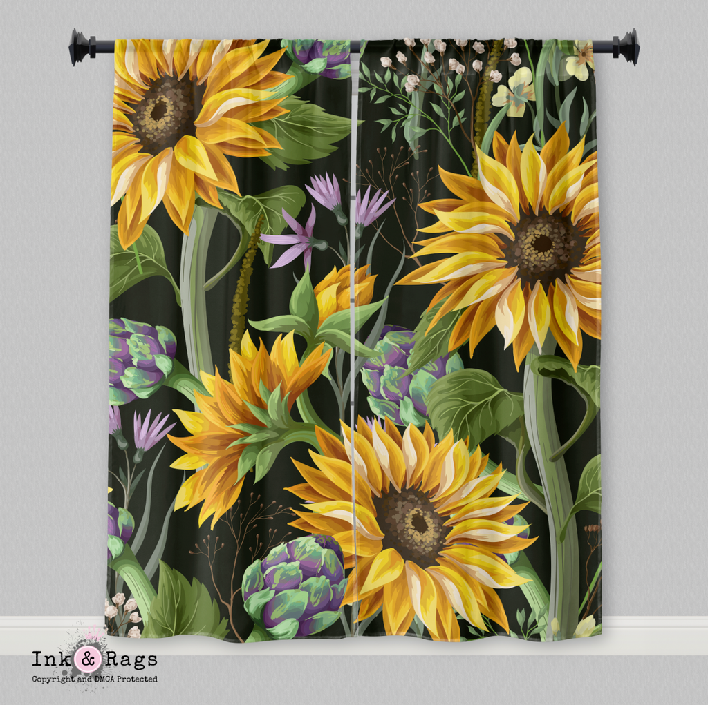 Sunflower and Artichoke on Black Curtains