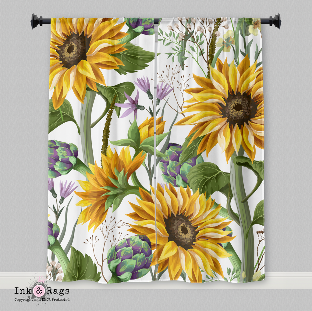 Sunflower and Artichoke on White Curtains