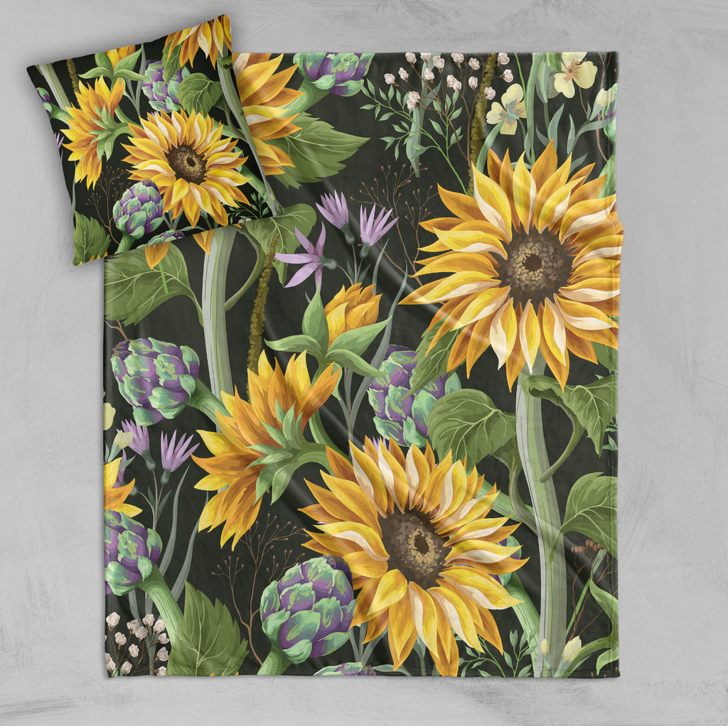 Sunflower and Artichoke on Black Decorative Throw and Pillow Cover Set