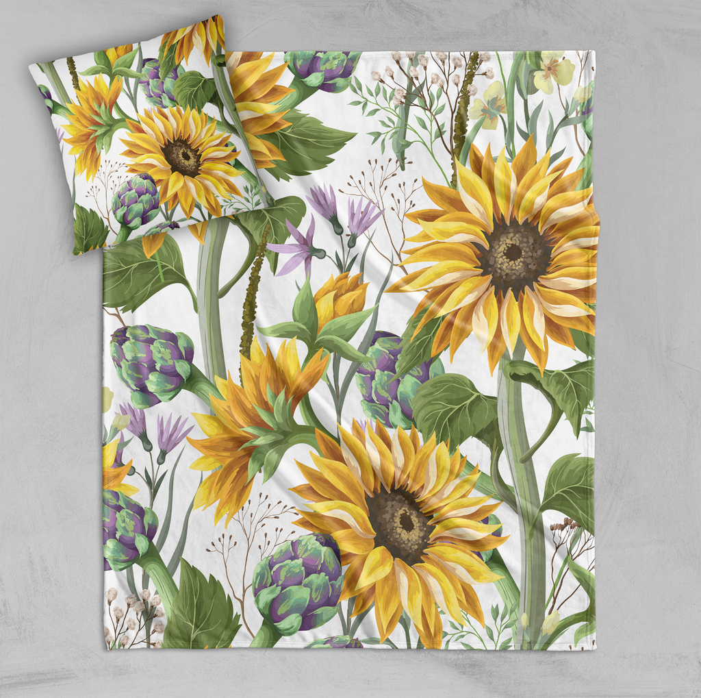 Sunflower and Artichoke on White Decorative Throw and Pillow Cover Set