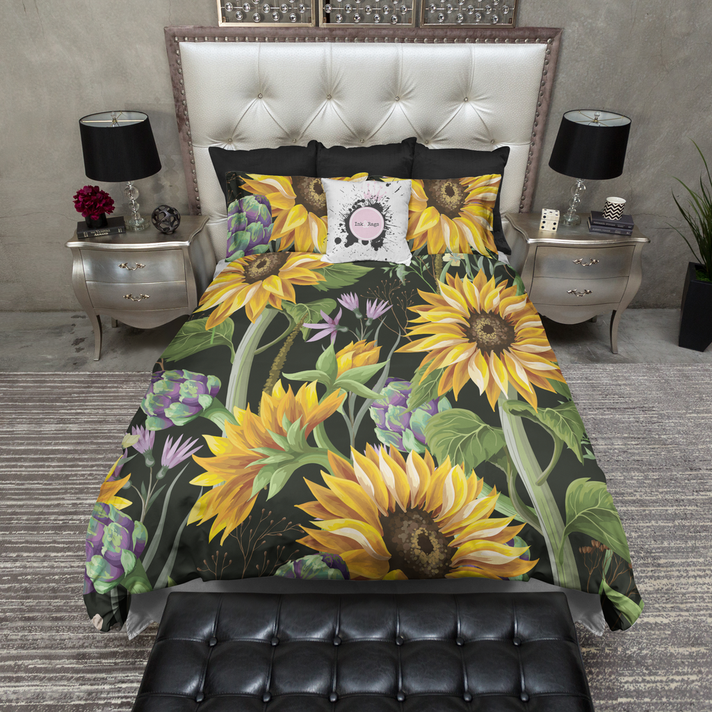 Sunflower and Artichoke on Black Bedding Collection