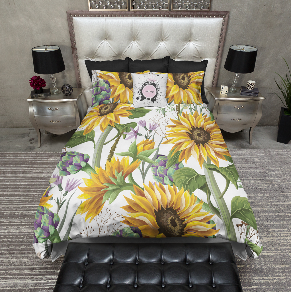 Sunflower and Artichoke on White Bedding Collection