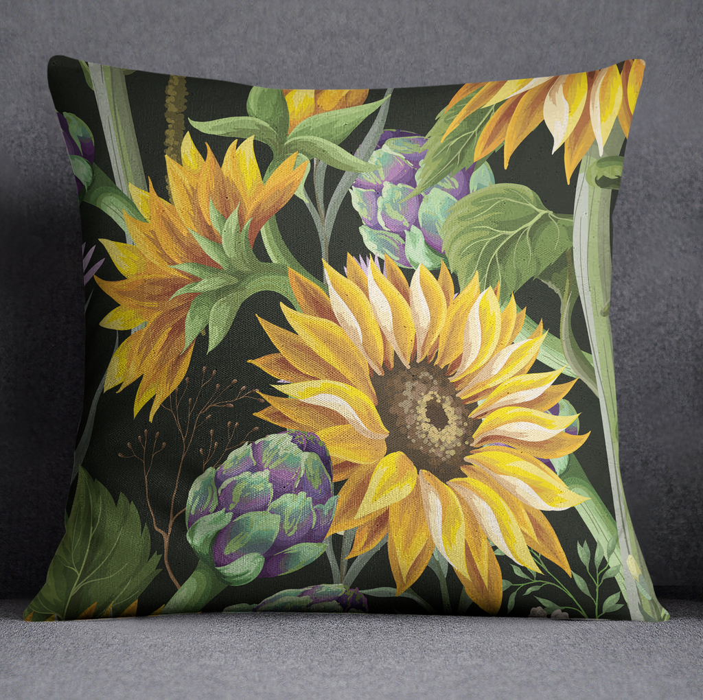 Sunflower and Artichoke on Black Throw Pillow