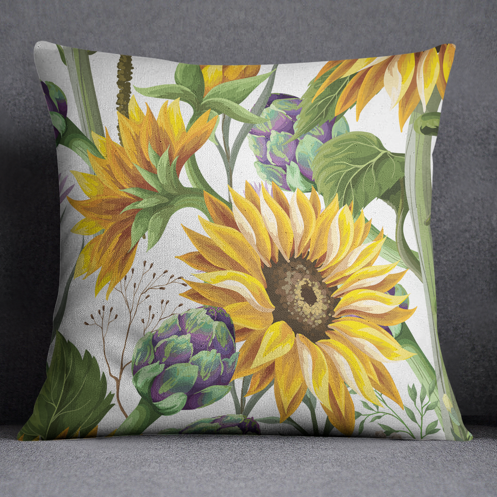 Sunflower and Artichoke on White Throw Pillow